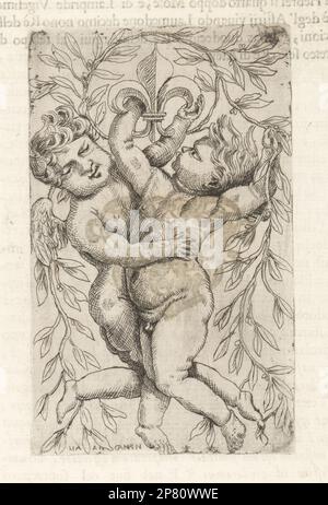 Vignetta con due putti che tiene ghirlande di foglie di alloro sotto un fleur-de-lys. Incisione in copperplate di Marcantonio Canini da Iconografia di Giovanni Angelo Canini, cioe malati d'imagini de famosissimi monarchi, regi, filososi, poeti ed oratori dell'Antichita, disegni di immagini di famosi monarchi, re, filosofi, poeti ed oratori dell'Antiquità, Ignatio de'Lazari, Roma, 1699. Foto Stock