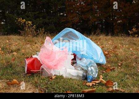 Mucchio di rifiuti di plastica su erba vicino foresta Foto Stock