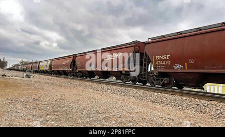 EMPORIA, KANSAS - 8 MARZO 2023 Un treno merci BNSF che trasporta le automobili della tramoggia del grano usate per trasportare il grano, il grano e la soia, che hanno avuto graffiti artistici verniciati su loro teste a ovest oggi. Foto Stock