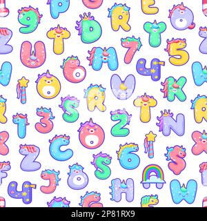 Cartoon carino unicorno lettere senza cuciture modello. Sfondo tessuto alfabeto animale fiabesco, colori arcobaleno carino personaggi unicorno cifre o fantasy hor Illustrazione Vettoriale