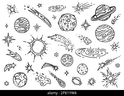 Doodle pianeti spaziali, stelle, comete e asteroidi. Disegni vettoriali di Luna, Terra e Sole, Saturno e meteora. Oggetti cosmo isolati di galax Illustrazione Vettoriale