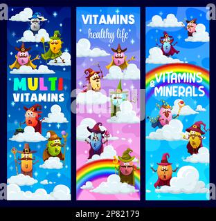 Cartoon vitaminico mago e personaggi mago su arcobaleno e nuvole. Vector Kids banner di vita sana con B12, P e B3, U, K e A, e, D, C, B1, B6 E. Illustrazione Vettoriale