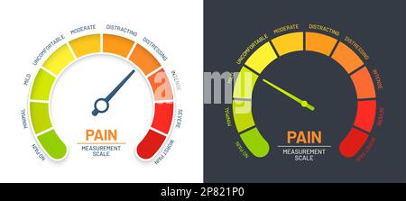 Scala del dolore con grafico a livello vettoriale per il misuratore del dolore e dello stress. Valutazione o valutazione del livello di salute con scala di misurazione del colore da alta a bassa intensità Illustrazione Vettoriale