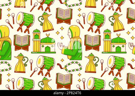 Ramadan kareem. Gente che prega, alberi di cocco, tamburi, teapots, lampade, moschee, e modelli di luna Illustrazione Vettoriale