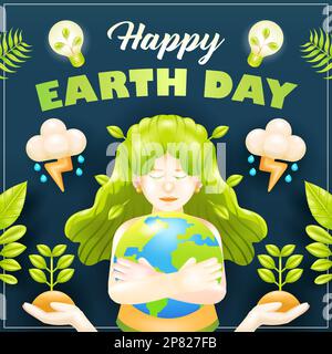 Buon giorno della Terra. Vettore 3D donna che abbraccia la terra con ornamenti di piante Illustrazione Vettoriale