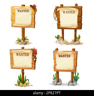 Cartelli in legno, cartoni animati wanted wanted. Vector wild West banner con annuncio su pergamena con stella sceriffo, ferro di cavallo, lazo e cowboy ha Illustrazione Vettoriale