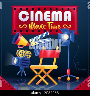 Cinema, tempo del film. 3d sedia vettoriale, telecamera, illuminazione e megafono Illustrazione Vettoriale