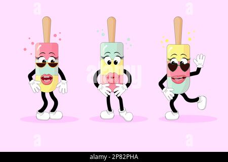 Gelato colorato su un bastone in stile cartone animato. Mascotte vettoriali su sfondo isolato. Illustrazione Vettoriale