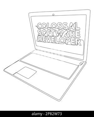 Una linea continua di notebook con una parola colossale per sviluppatori di software. Concetto di vettore di illustrazione a linea sottile. Disegno di contorno idee creative. Illustrazione Vettoriale