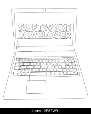 Una linea continua di notebook con parola per sviluppatori di software. Concetto di vettore di illustrazione a linea sottile. Disegno di contorno idee creative. Illustrazione Vettoriale