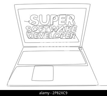 Una linea continua di laptop con Super Software Developer Word. Concetto di vettore di illustrazione a linea sottile. Disegno di contorno idee creative. Illustrazione Vettoriale