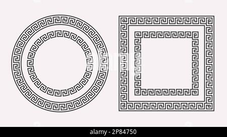 Set cornici ornamento greco. Collezione di modelli di meandro circolari e quadrati. Antichi confini del fret greco. Motivo geometrico dei meandros. Decorazioni vettoriali Illustrazione Vettoriale