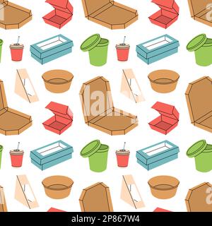 Scatole di cartone da asporto modello senza cuciture. Carta colorata contenitori da asporto sfondo. Banner scatole da togliere in cartone. Confezionamento di alimenti e bevande Illustrazione Vettoriale