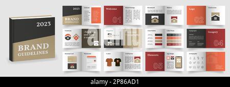Modello linee guida per il marchio. Modello di linee guida per i logo marrone e rosso. Modello di presentazione del manuale del marchio. Layout della guida per i logo. Presentazione del logotipo Illustrazione Vettoriale