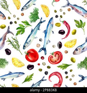 Modello senza cuciture di acciughe e verdure acquerello illustrazione isolata su bianco. Pesce di mare, sardine, spezie, limone, olive disegnate a mano. Design el Foto Stock