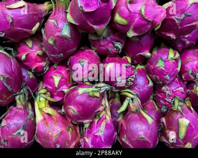 Frutti di drago, pitahaya, Pitaya esotica, rosa profondo Asiatico Vegan Juicy Fruits in primo piano in mostra presso un mercato della frutta fresca Foto Stock