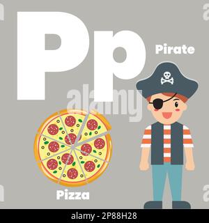 Carino bambini ABC parole flashcard alfabeto con la lettera P per i bambini che imparano il vocabolario inglese. Ancoraggio aereo Apple. Illustrazione vettoriale Illustrazione Vettoriale