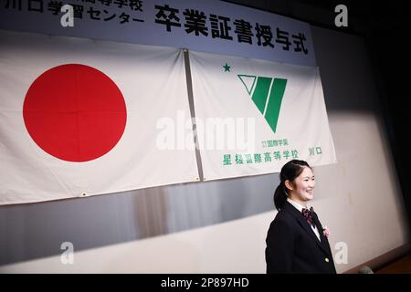 Miyuu Kihara, giocatore giapponese di ping pong, partecipa alla cerimonia di laurea per la Seisa Kokusai High School in Giappone il 6 marzo 2023. Credit: Itaru Chiba/AFLO/Alamy Live News Foto Stock