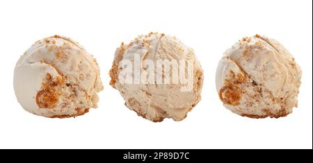 Biscotto di loto alla vaniglia tre cucchiai di gelato in diverse angolazioni e texture. Foto Stock