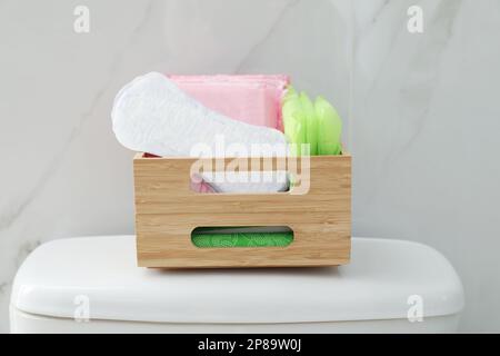 Organizer con diversi prodotti per l'igiene femminile sul water in bagno Foto Stock