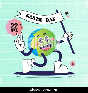 Giornata internazionale della Terra. Cartoni animati sorriso personaggio del pianeta terrestre. Concetto della giornata mondiale dell'ambiente in stile retrò. Flower Power Planet. Salvare Illustrazione Vettoriale