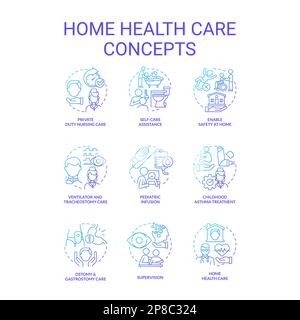 Home Health Care blu gradiente concetto icone set Illustrazione Vettoriale