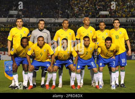 Brazil players, front row from left, Ramires, Daniel Alves, Kaka, Robinho,  Michel Bastos, back row from left, Lucio, Julio Cesar, Luis Fabiano, Juan,  Maicon, and Gilberto Silva pose for a team photo