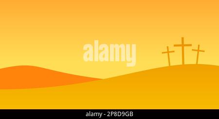 Tre croci sul Monte Golgota. Illustrazione vettoriale del concetto di Pasqua con croci sulla collina del Calvario al tramonto. Illustrazione Vettoriale