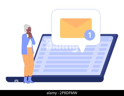 Nonna entusiasta di nuove e-mail su computer portatile flat concept vettoriale spot illustrazione Illustrazione Vettoriale