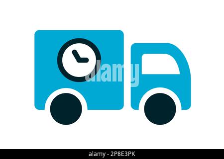 Camion a consegna rapida blu. Piccolo furgone con orologio. Veicolo da carico con simbolo dell'ora. Spedizione immediata. Icona dello shopping online. Servizio di consegna. C Illustrazione Vettoriale