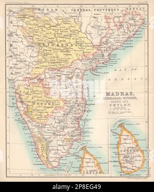 India britannica meridionale. Mappa di Madras, Haidarabad, Mysore, Coorg e Ceylon 1898 Foto Stock