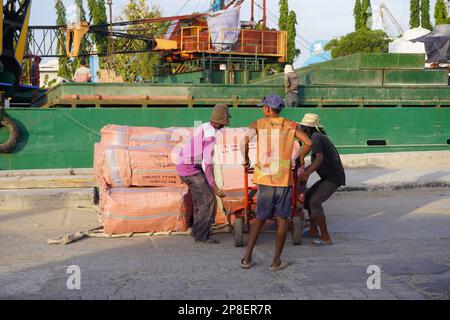 il gruppo di lavoratori portuali accatastano le merci fino alla nave Foto Stock