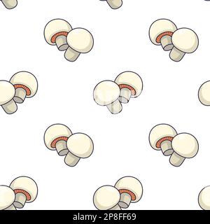 Simpatici funghi con motivo senza cuciture in stile doodle. Illustrazione dei funghi dei cartoni animati vettoriali disegnati a mano. Disegno a mano dei personaggi dei funghi. Modello per abiti per bambini. Illustrazione Vettoriale