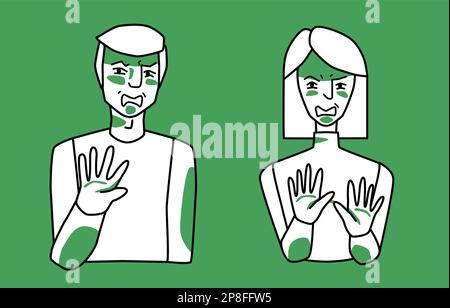 Uomo e donna con emozione di disgusto, verde e bianco, reazione antipatia, si coprono di mani. Disegno della linea di stile dello schizzo. Illustrazione Vettoriale
