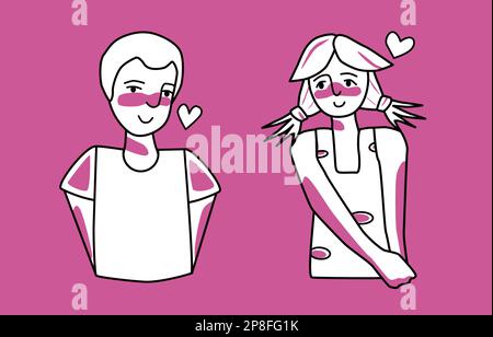 Ragazzo e ragazza timidi con emozione d'amore, rosa e bianco. Amatissimi adolescenti che disegnano mezzo corpo, dolce umore degli adolescenti, amour affettuoso gli Illustrazione Vettoriale