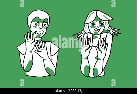 Ragazzo e ragazza con emozione di disgusto, verde e bianco, antipatia umore, proteggersi con le mani. Disegno della linea di stile dello schizzo. Illustrazione Vettoriale