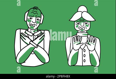 Vecchio uomo e donna con disgusto, verde e bianco, nonno e nonna si coprono con le mani. Disegno della linea di stile dello schizzo. Illustrazione Vettoriale