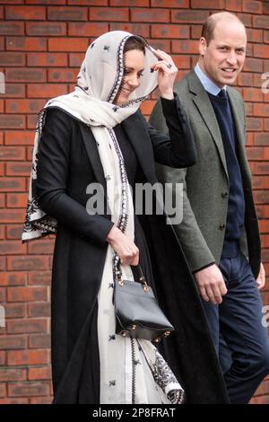 Muslim Centre, Hayes, Regno Unito. 9th marzo 2023. TRH il Principe e la Principessa del Galles visitano il Centro musulmano di Hayes per ringraziare coloro che sono stati coinvolti nello sforzo di aiuto e coloro che sono stati fundrizzati per aiutare le comunità colpite dai devastanti terremoti in Turchia e Siria. Foto di Amanda Rose/Alamy Live News Foto Stock