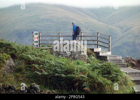 Uomo in piedi / guardando sulla piattaforma di osservazione in legno sul Wainwright 'Raven Crag' Thirlmere nel Lake District National Park, Cumbria, Inghilterra, Regno Unito. Foto Stock