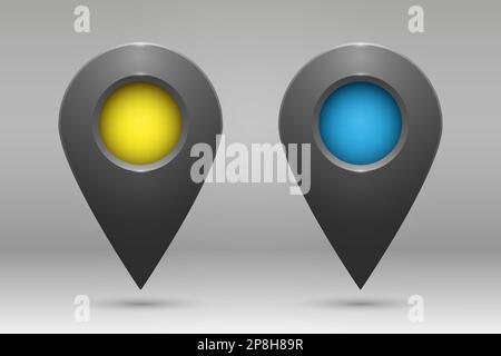 Icone di geolocalizzazione grigie realistiche con inserti colorati su sfondo sfumato. Illustrazione Vettoriale