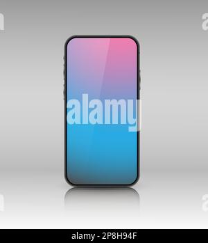 Una simulazione di uno smartphone con una schermata sfumata rosa-blu. Telefono cellulare 3D realistico con ombreggiatura su sfondo grigio. Illustrazione Vettoriale