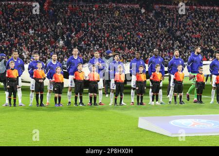 Monaco, Germania. , . Formazione del team PSG, 99. Gianluigi DONNARUMMA, Custode, 2. Achraf HAKIMI, 4. Sergio RAMOS, 5. MARQUINHOS, 6. Marco VERRATTI, 7. Kylian MBAPPE, 8. Fabian RUIZ, 15. Danilo PEREIRA, 17. VITINHA, 25. Nuno Mendes, 30. Lionel MESSI, CALCIO, UEFA CHAMPIONS LEAGUE, FC Bayern Muenchen vs PSG, Parigi Saint Germain, turno di 16 2nd tappa di mercoledì 8. Marzo 2023 a Monaco allo stadio di calcio Allianz Arena, risultato 2:0, (Foto di © Arthur THILL/ATPimages) (THILL Arthur/ATP/SPP) Credit: SPP Sport Press Photo. /Alamy Live News Foto Stock