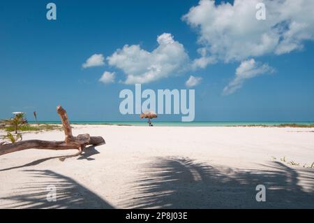 Vista panoramica di una spiaggia di sabbia bianca tropicale con ombrello di paglia sul mare contro il cielo blu sull'Isola di Holbox in Messico Foto Stock