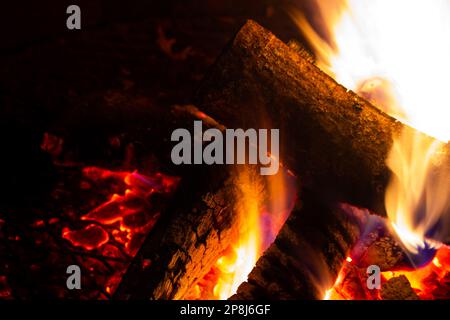 Il legno brucia in un fuoco di sera Foto Stock