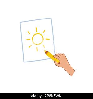 Disegno a mano di un'immagine del sole su carta. Creazione di un disegno semplice con una matita Illustrazione Vettoriale