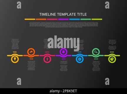 Linea temporale di colore scuro vettoriale con icone in cerchi modello composto da sei cerchi chiari con icone, descrizioni e frecce colorate arcobaleno timeline i Illustrazione Vettoriale