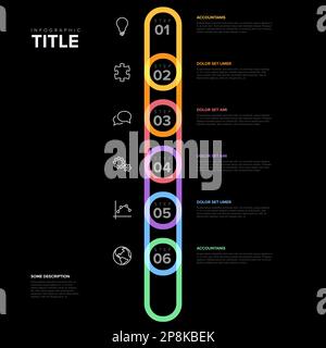 Modello di procedura di avanzamento verticale arrotondato a sei vettori con numeri, icone e descrizioni. Semplice modello di schema della procedura di avanzamento minimalistico con Illustrazione Vettoriale