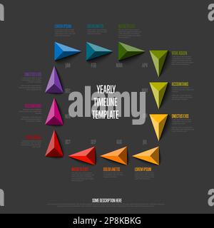 Modello di timeline dell'anno completo con tutti i mesi colorati dell'arcobaleno come puntatori della piramide del triangolo in un quadrato grande, nomi del mese e descrizioni corte, tutto sopra Illustrazione Vettoriale