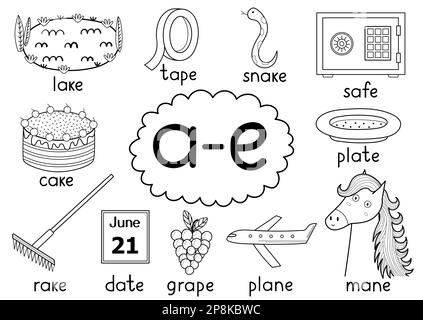 A-e regola di ortografia digrafica in bianco e nero poster educativo per bambini con parole Illustrazione Vettoriale