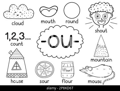 Pagina di attività in bianco e nero della regola di ortografia OU per bambini con parole Illustrazione Vettoriale